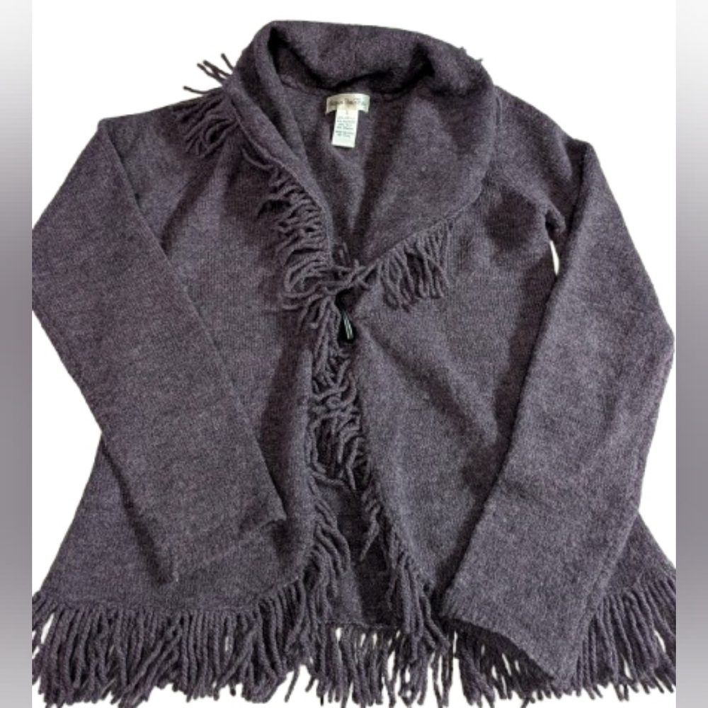 Susan Bristol Fringe Cardigan Sweater Small Wool Blend Purple Shawl Collar Boho